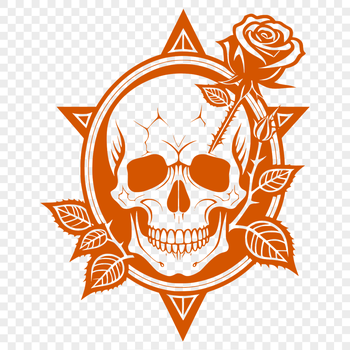 A stylized illustration of a skull surrounded by foliage, with decorative elements.