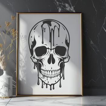 A gothic-inspired illustration of a dripping skull, suitable for Halloween decorations and designs.