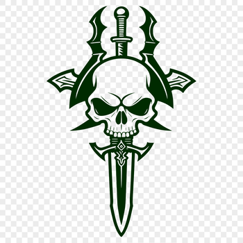 An elaborate vector depiction of a medieval-inspired skull featuring decorative engravings and details.