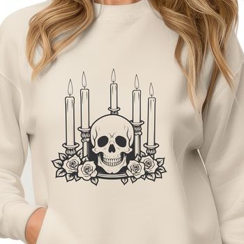 A gothic-style skull design with intricate details, suitable for vector art projects.