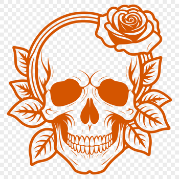 A stylized skull adorned with intricate details and a floral pattern surrounding it.