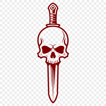 A stylized gothic skull design featuring a dagger or sword lodged in the forehead.