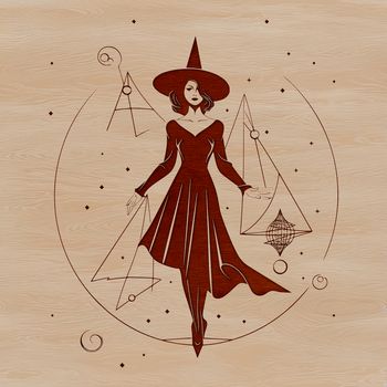 A detailed illustration of a witch surrounded by mystical symbols and elements.
