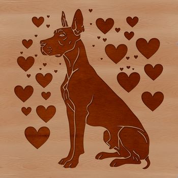 A large breed dog sitting on the floor with love hearts surrounding its head.