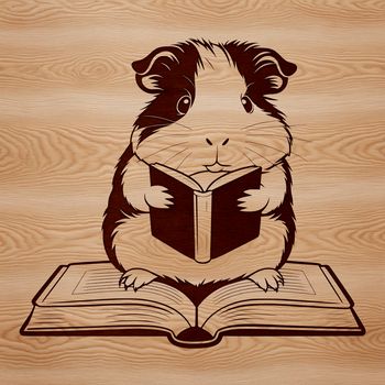 A cute guinea pig sitting on a book with a thoughtful expression.