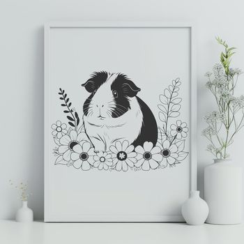 A cute guinea pig surrounded by floral elements