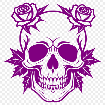 A decorative gothic skull design featuring a floral element in the background.
