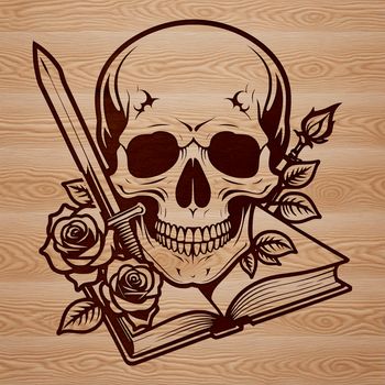 A detailed illustration of a Gothic-style skull adorned with a dagger, situated next to an open book and a rose.