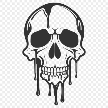 A gothic-inspired illustration of a skull with drips and drops surrounding it.