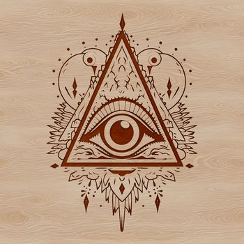 A stylized illustration of a witch's spellbook with the Eye of Providence symbol in ornate details.