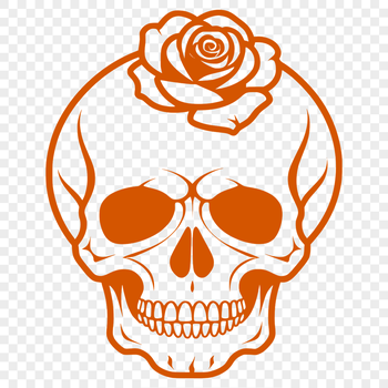 A stylized Gothic skull design with intricate details and a subtle rose motif.