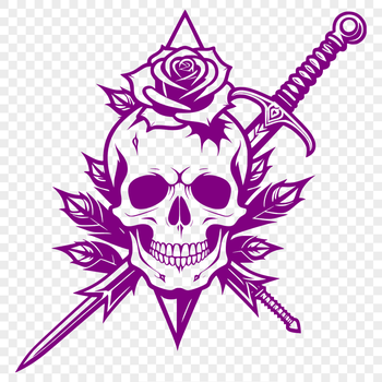 A Gothic-inspired skull design with a dagger piercing the forehead, surrounded by intricate details.