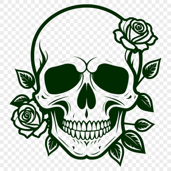 A stylized, vector illustration of a Gothic-style skull adorned with a single rose.