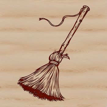 A stylized illustration of a witch flying on her broomstick under a full moon.