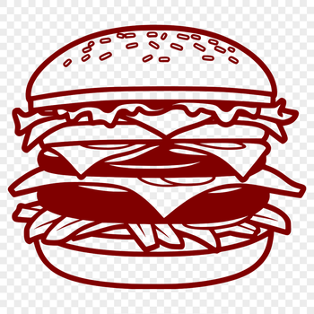 A digital illustration of a classic cheeseburger with a beef patty, lettuce, tomato, and cheese on a toasted bun.