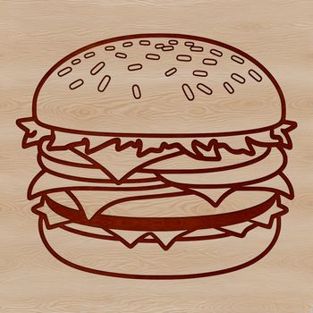 A detailed vector illustration of a classic hamburger with toppings on a plate.
