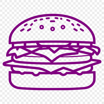 A simple illustration of a classic cheeseburger with a round beef patty, lettuce, tomato, and melted cheese on a bun.