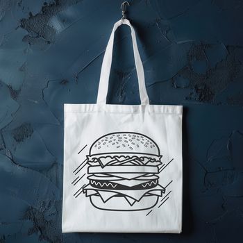 A stylized illustration of a hamburger with cheese, lettuce, and tomato on a bun.