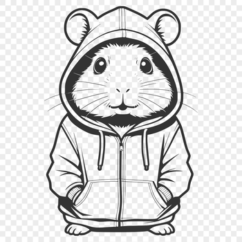 A cartoon hamster wearing a colorful hooded sweatshirt.