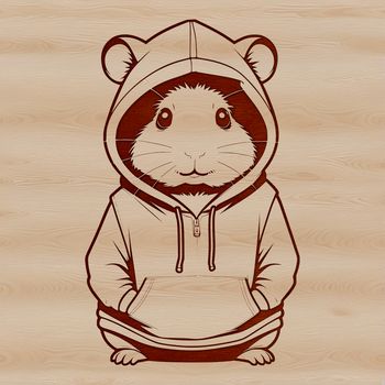 A small, furry hamster wearing a miniature sweater and standing on its hind legs.