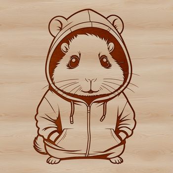 A small mammal with a round face and short legs is depicted wearing a hood.