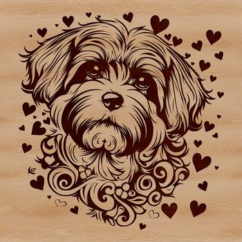 A stylized illustration of a Havanese dog's head with intricate details and ornate design elements.