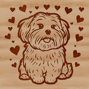 A cute sitting dog breed with love hearts surrounding its body.