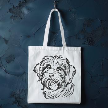 A white dog with long, silky fur, typical of the Havanese breed, shown in a simple, vector format.