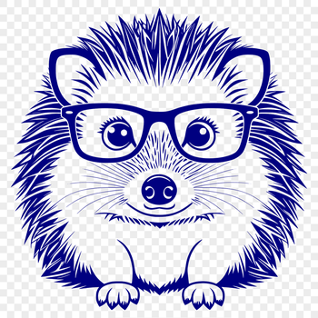 A hedgehog with glasses sitting on a desk surrounded by art supplies.