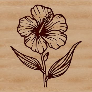 A colorful illustration of a hibiscus flower with large, showy blooms and pointed leaves.