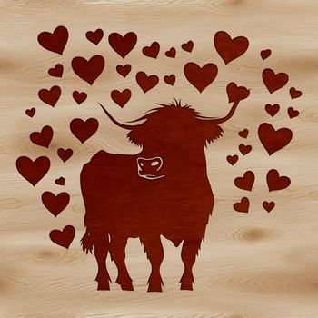 A Highland cow standing in a field, featuring love hearts on its body.