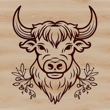 A close-up illustration of a Highland Cow's head with distinctive horns and fur.