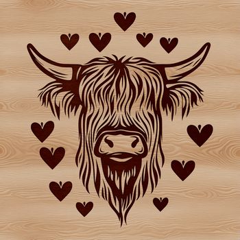 A stylized illustration of a Highland Cow with love hearts incorporated into its design.