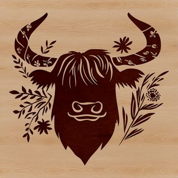 Highland cow with distinctive long hair and rugged appearance, suitable for farm-themed designs.