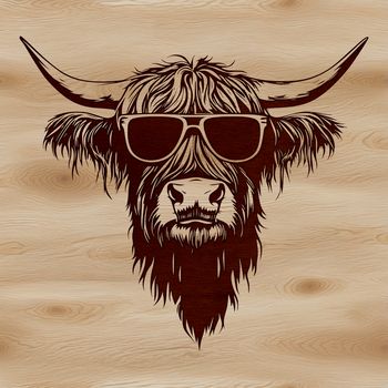 A stylized illustration of a Highland cow wearing sunglasses on its head, suitable for various design projects.