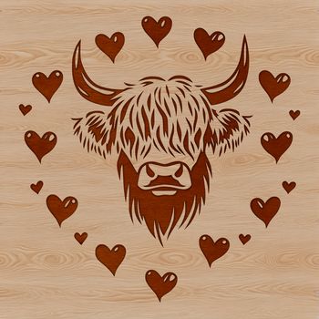 Highland cow illustration with heart decorations on its head, a farm animal in vector design format.