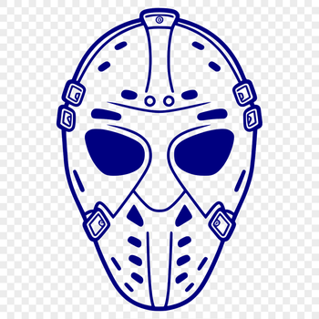 A graphic illustration of a hockey player's protective gear, featuring a helmet with a mask, stick, and skates.