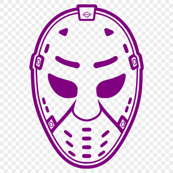 A stylized illustration of a hockey player's protective gear, including a helmet with a face mask.