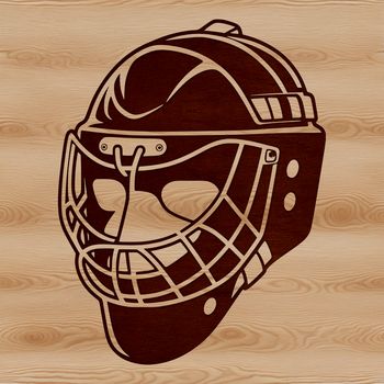 A stylized illustration of a hockey player's mask and stick.
