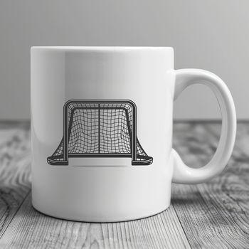 A stylized illustration of a hockey goal with netting and posts.