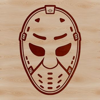 Hockey player with mask and stick in action.