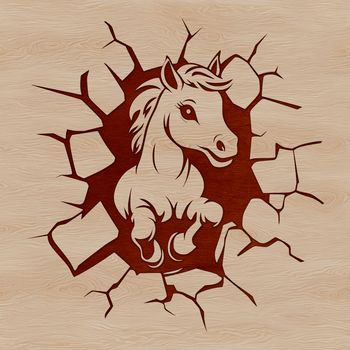 A detailed illustration of a horse bursting through a wall, suitable for vector design and cutting machine projects.