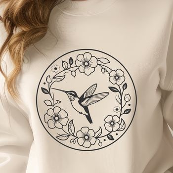 A colorful illustration of a hummingbird surrounded by floral elements.