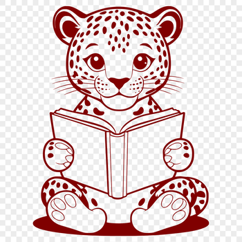 A large cat with golden fur and black spots sitting next to an open book, illustration for design purposes.