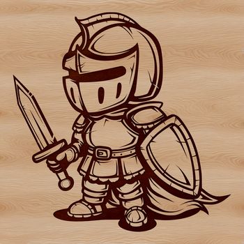 A medieval-inspired knight illustration with a sword and shield.