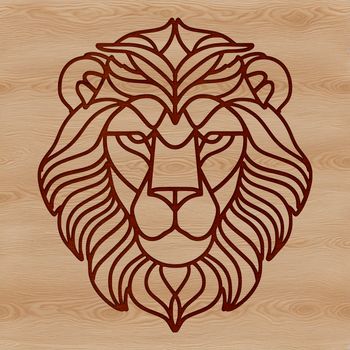 A detailed illustration of a lion's head, depicted in a stylized manner with intricate details.