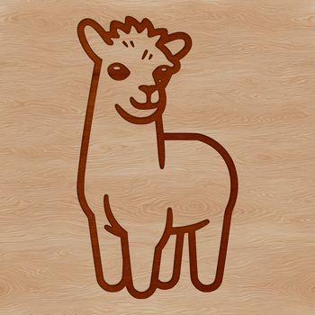 A simple line drawing of a standing llama with cute facial features.