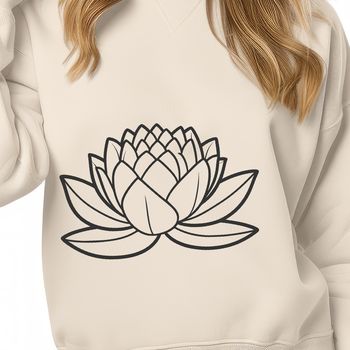 A stylized illustration of a lotus flower in various stages of growth, with bold lines and minimalist design.