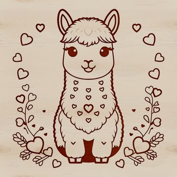 Illustrated alpaca with love hearts surrounding its face.