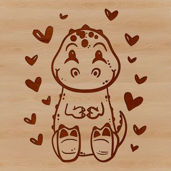 A simple illustration of a baby Tyrannosaurus Rex dinosaur with love hearts surrounding it.